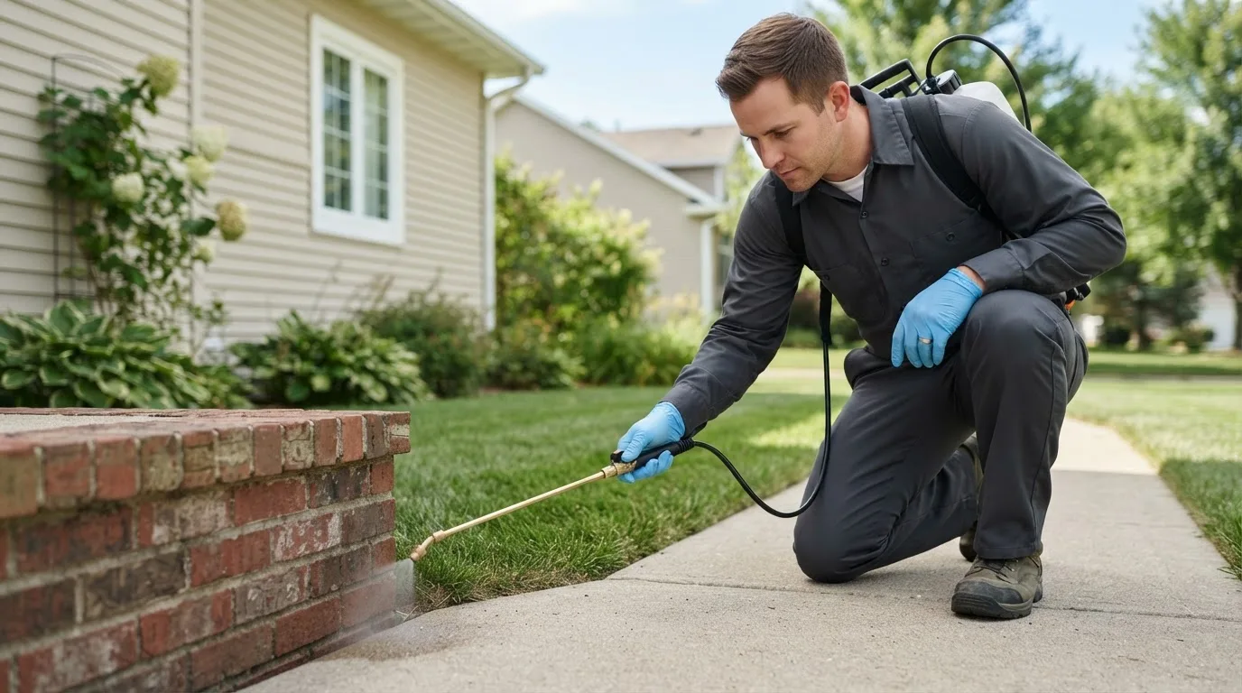 Pest control technician treating a home near Dassel, MN